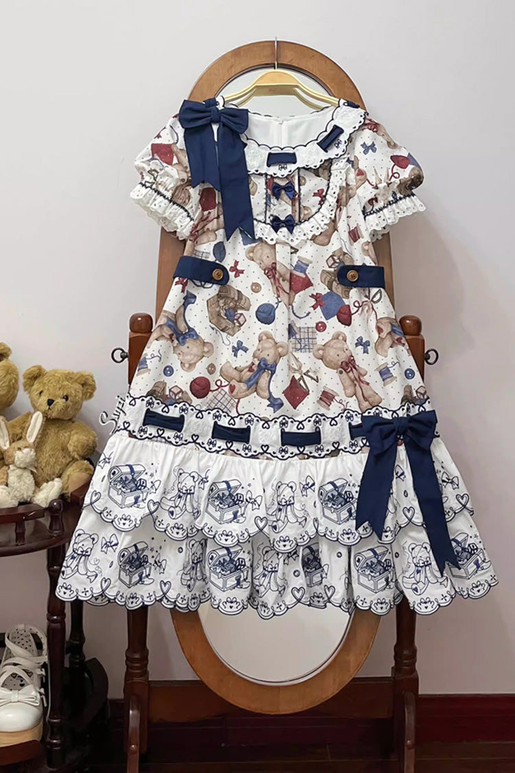 Multi-Color Little Bear Tailor Round Collar Short Sleeves Double-Layered Printed Ruffled Bow Sweet Lolita Dress