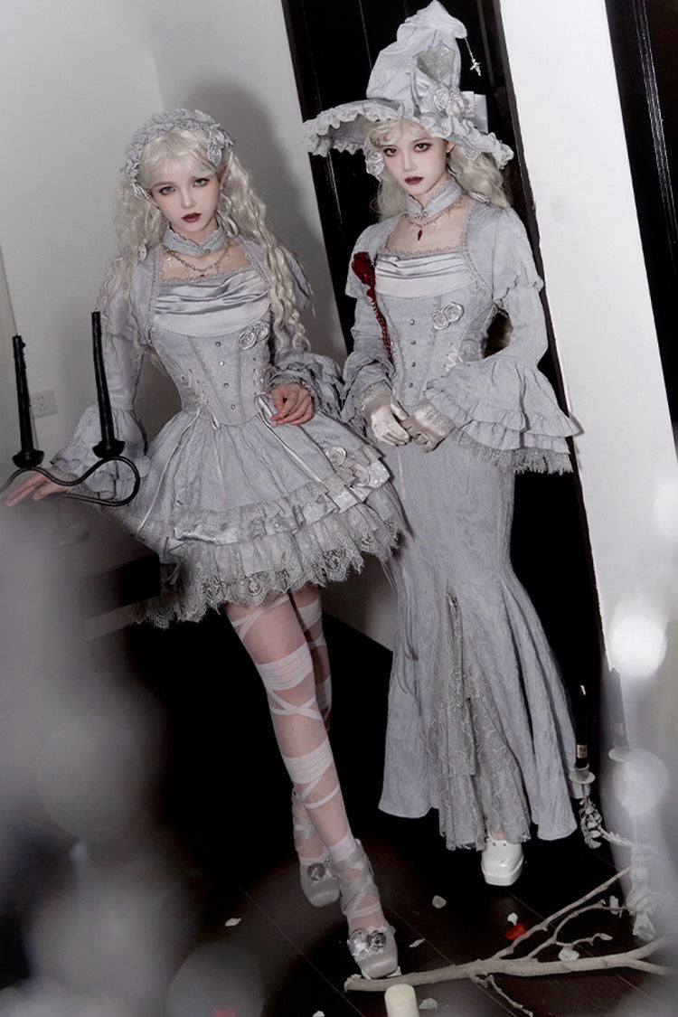 Silver Grey Twilight Multi-Layered Ruffle Hollow Lace Gothic Witch Lolita Skirt