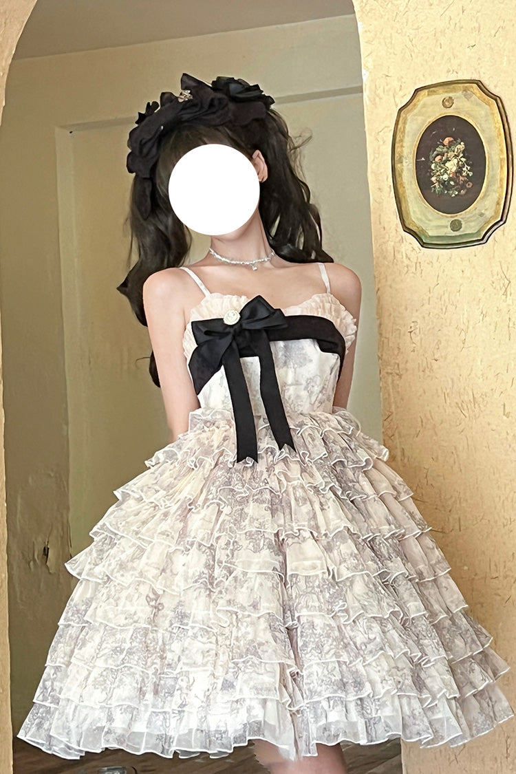 Multi-Color Wonderland Travels Multi-Layered Print Ruffle Bowknot Sweet Lolita Tiered Dress