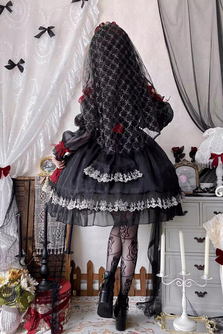 Black/Red Perlia's Night Long Puff Sleeves Ruffled Open-Front Bow Lace Gothic Lolita Dress