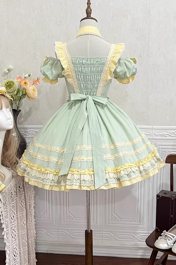 Green Short Sleeves Tulip Print Ruffle Bowknot Sweet Lolita Dress
