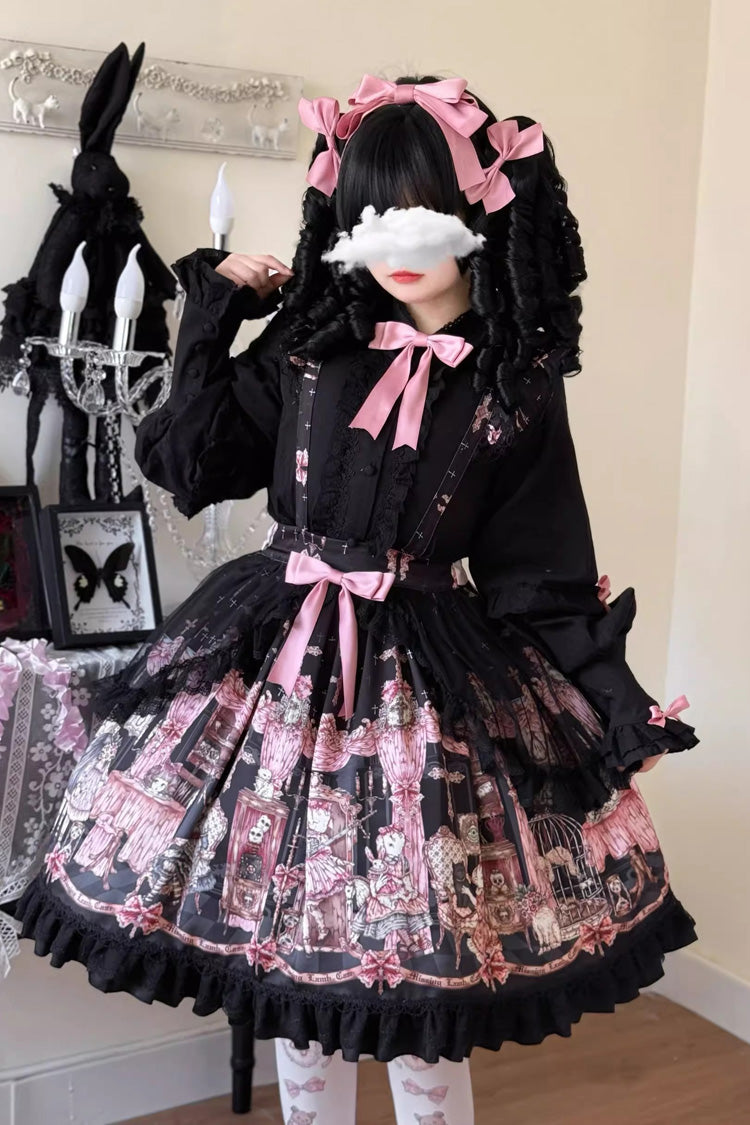 Black The Case of the Missing Lamb Print Ruffle Bowknot Lace Gothic Lolita SK Skirt