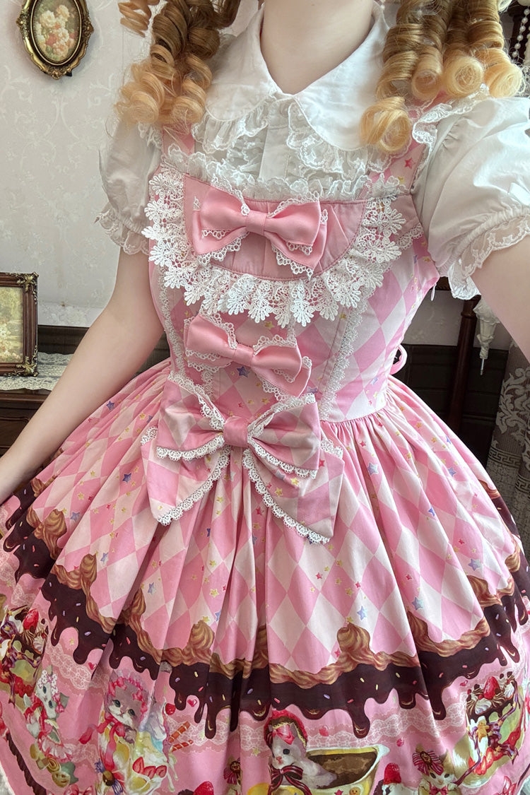 Cream Meow Sleeveless Print Bowknot Lace Sweet Lolita Jsk Dress 3 Colors