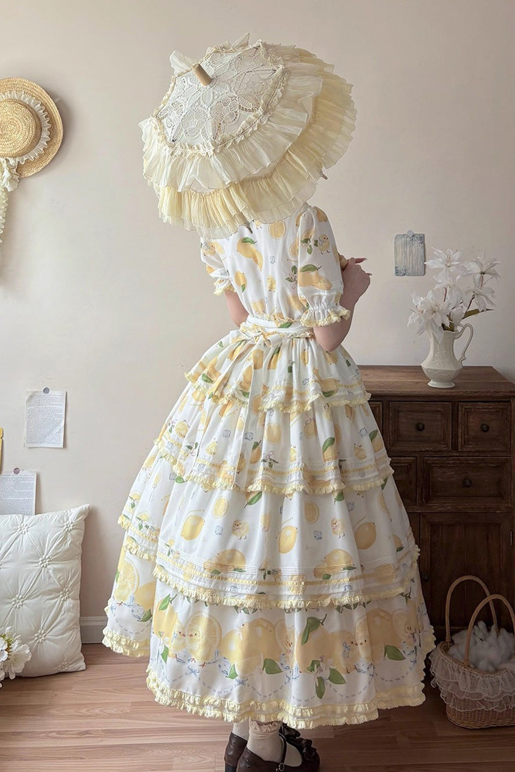 White Lemon Chicken Short Sleeves Triple-Layered Print Ruffle Bowknot Lace Sweet Gorgeous Lolita Dress
