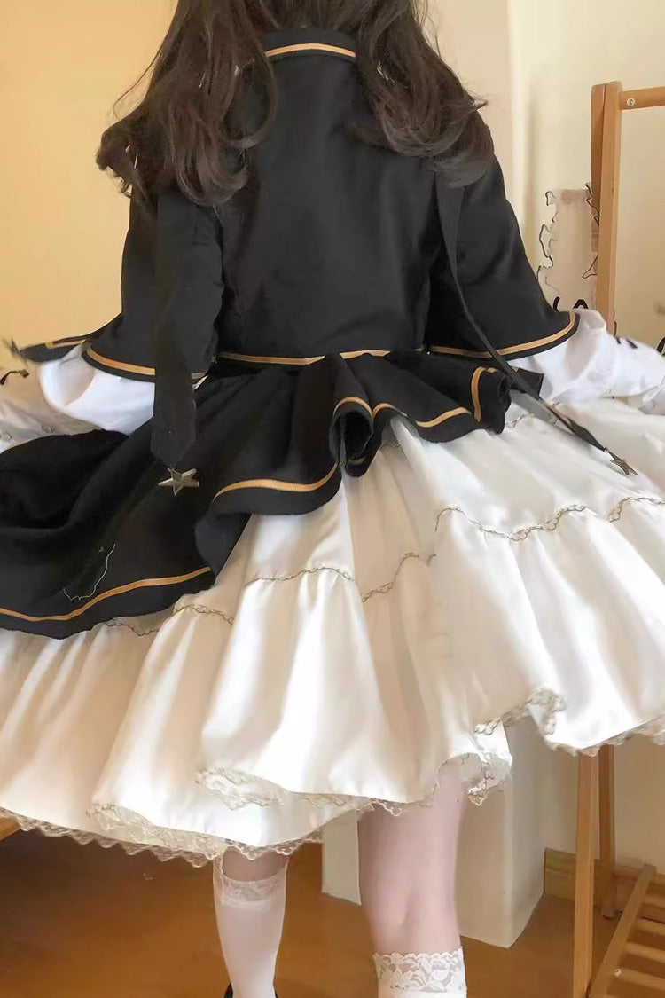 Black/White Commander Long Sleeves Ruffle Bowknot Irregular Sweet Lolita Dress Coat Cloak Set