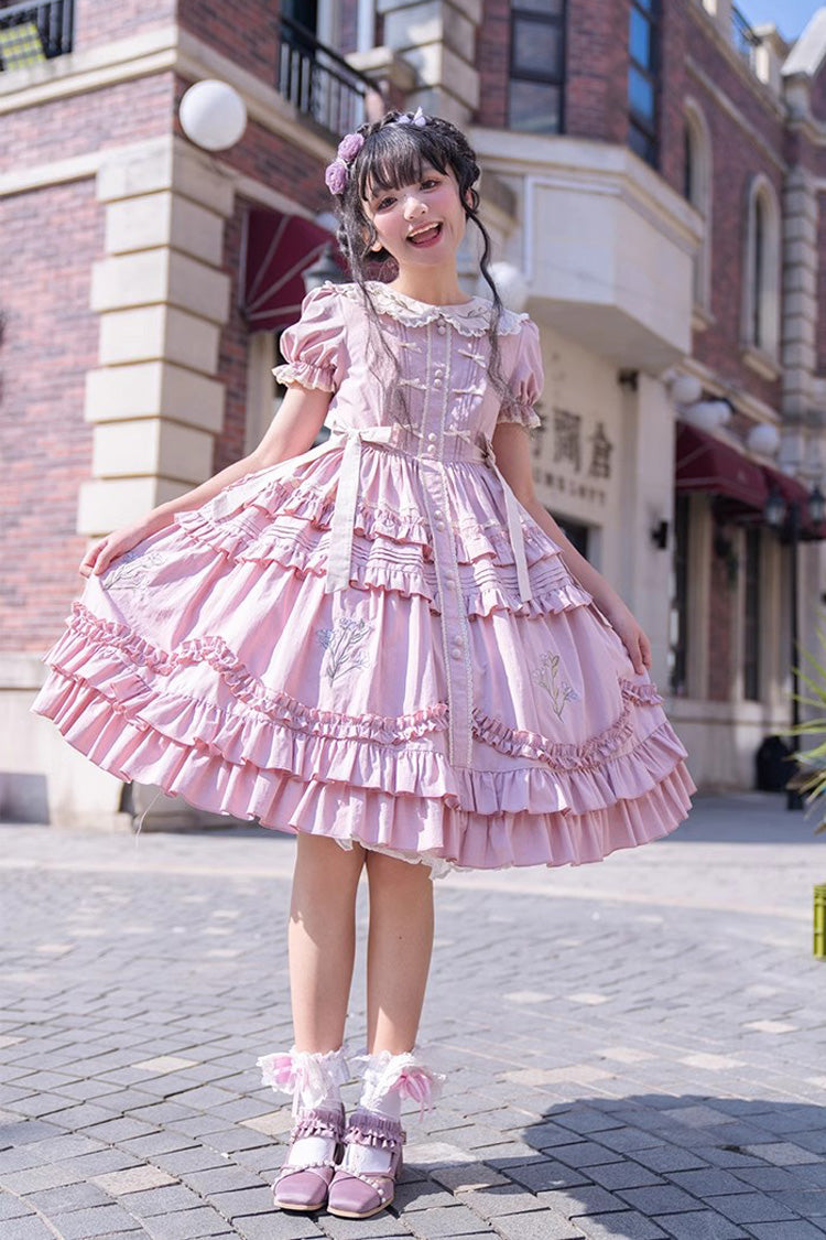 Pink Doll Collar Short Sleeves Iris Poem Print Ruffle Embroidery Sweet Lolita Dress
