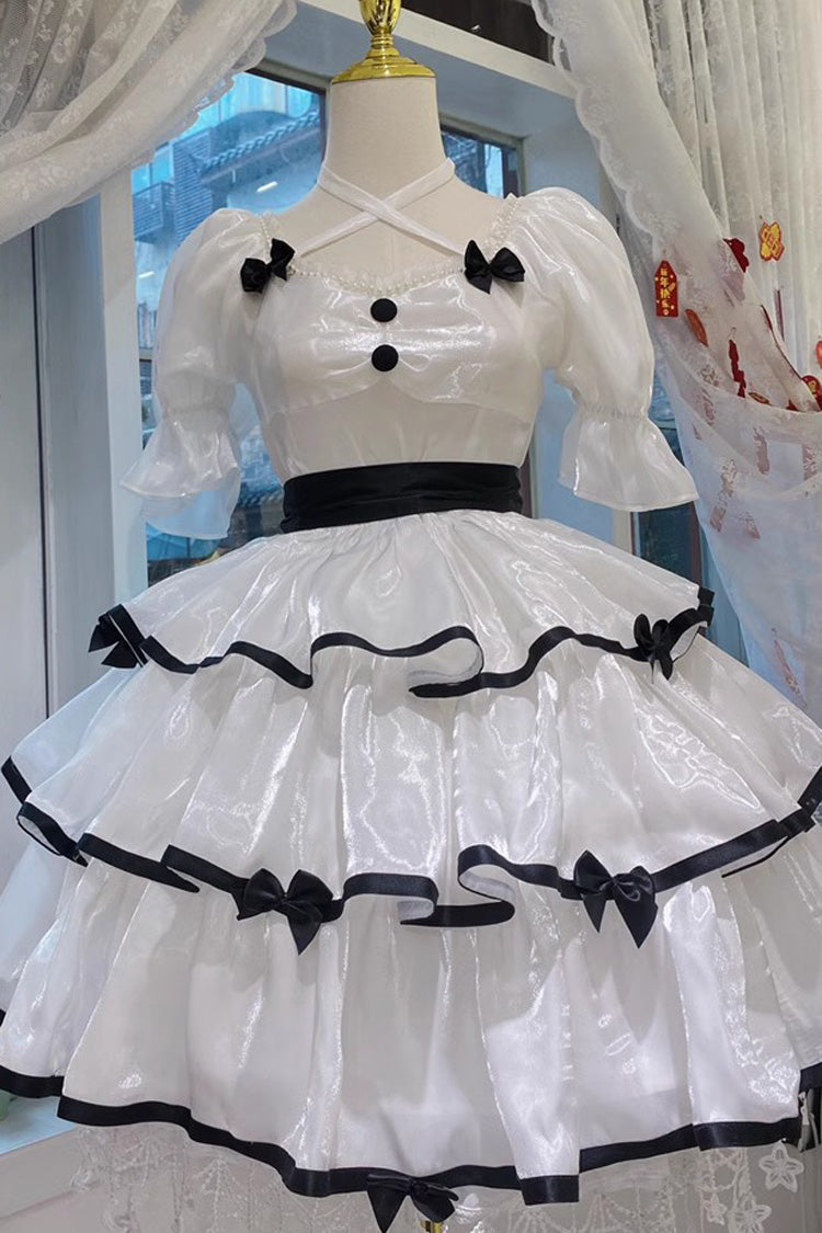 Rose Contrast Color Large Swing Tiered Short Sleeves Gothic Lolita OP Dress 3 Colors