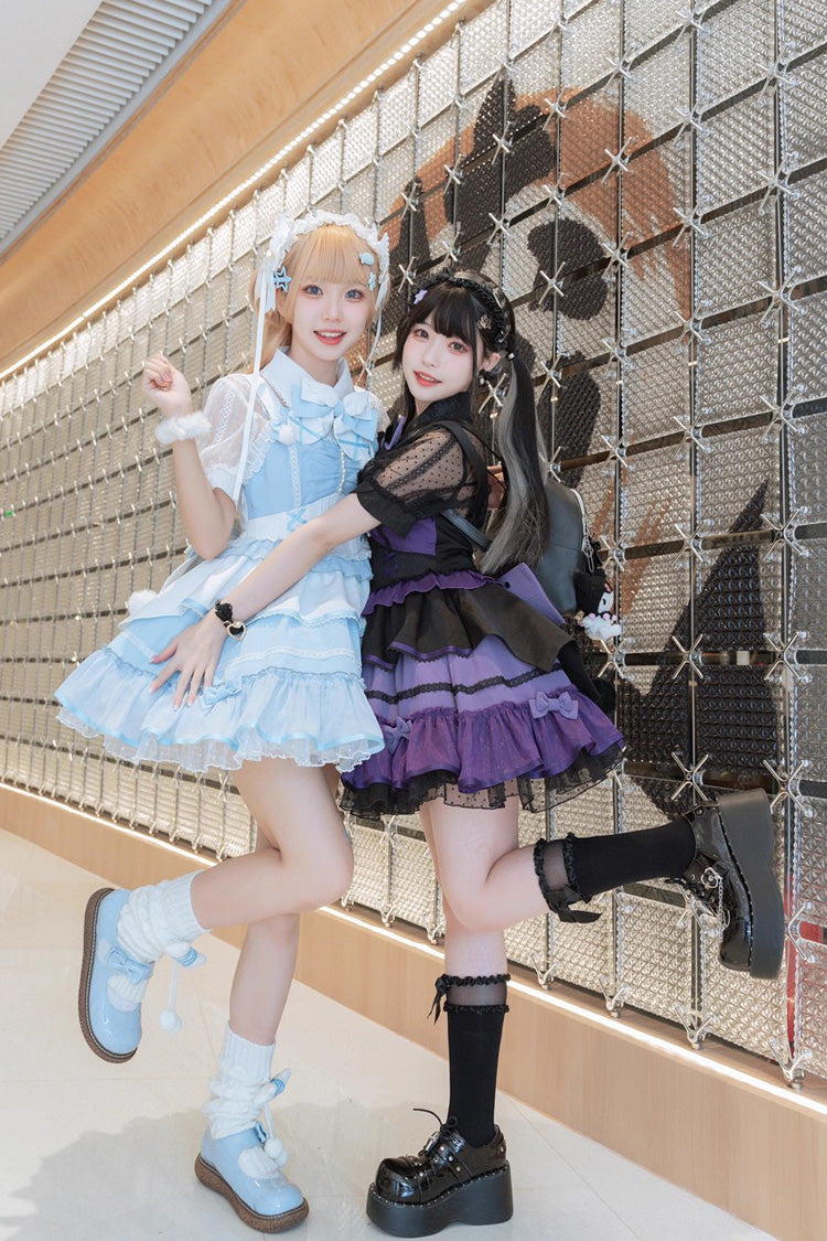 Blue/White Cotton Cloud Lapel Collar Ruffle Bowknot Lace-Up Sweet Lolita Jsk Dress