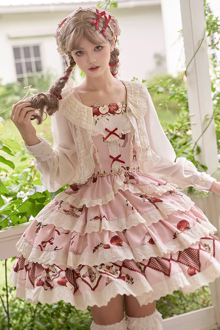 Pink Triple-Layered Apple Orchard Print Ruffle Embroidery Sweet Lolita Short Skirt