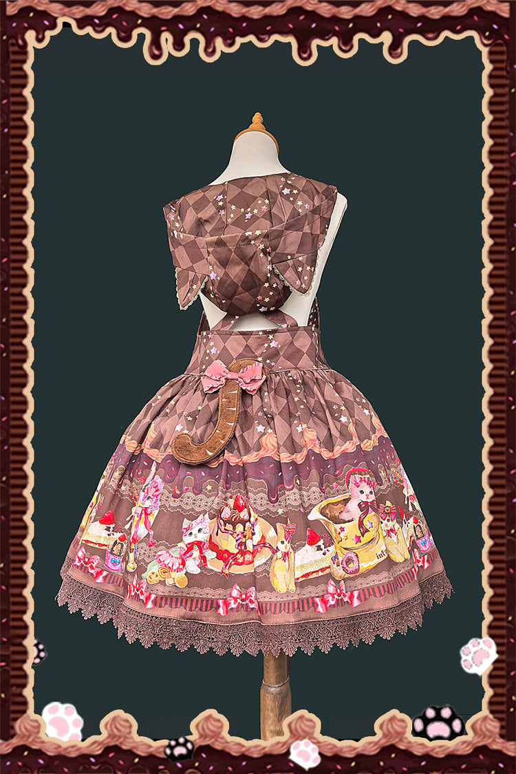 Cream Meow Sleeveless Print Bowknot Hooded Sweet Lolita Strap Dress 3 Colors