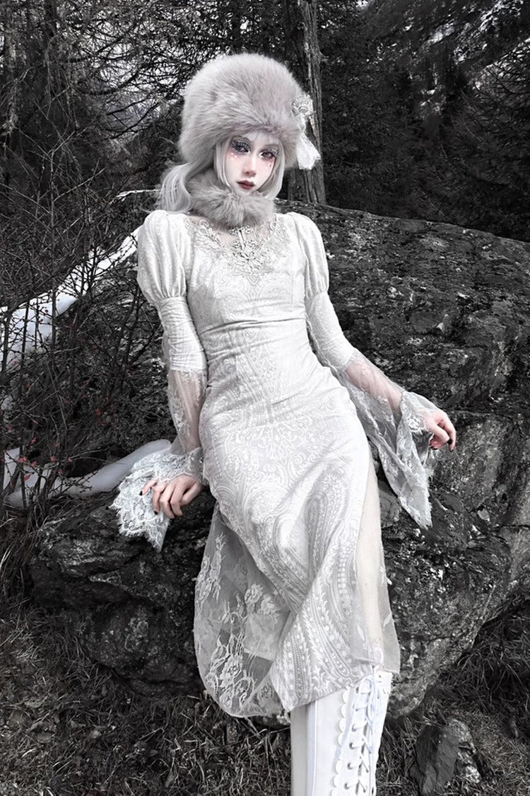 Silver The Call of the Snow Country V Collar Long Sleeves High Waisted Ruffle Lace Gothic Lolita Fishtail Dress