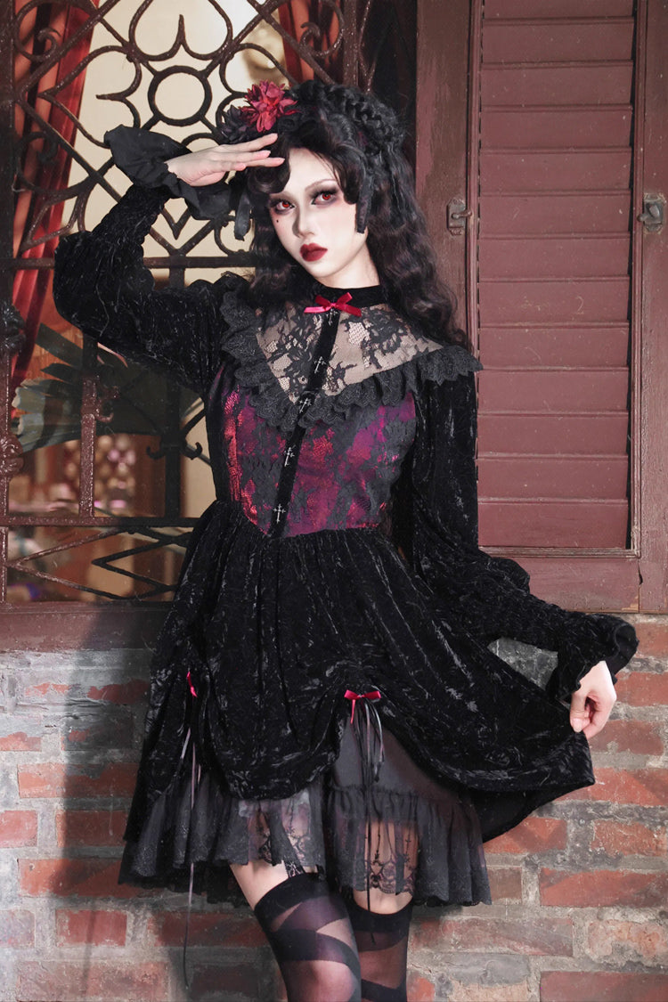 Black/Red Rose Cemetery Long Puff Sleeves Hollow Lace Gothic Lolita Dress