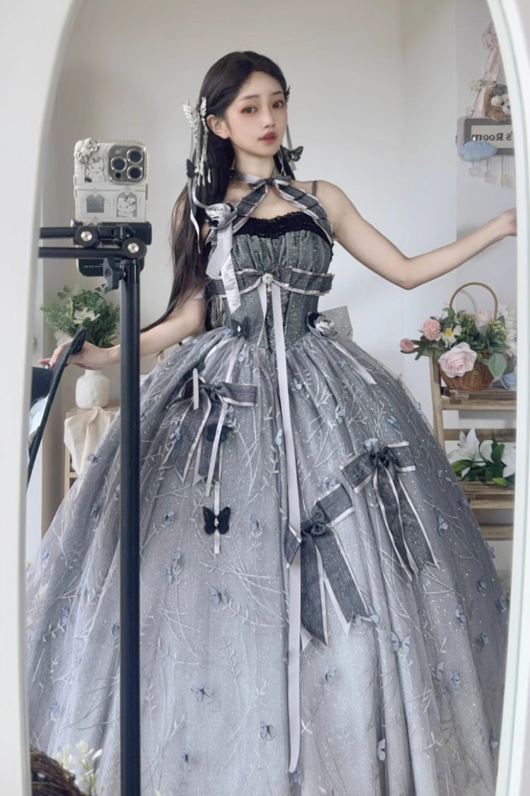 Silver Grey Starry Night Solo Ruffle Hanayome Embroidery Bowknot Lace Sweet Gorgeous Lolita Jsk Dress