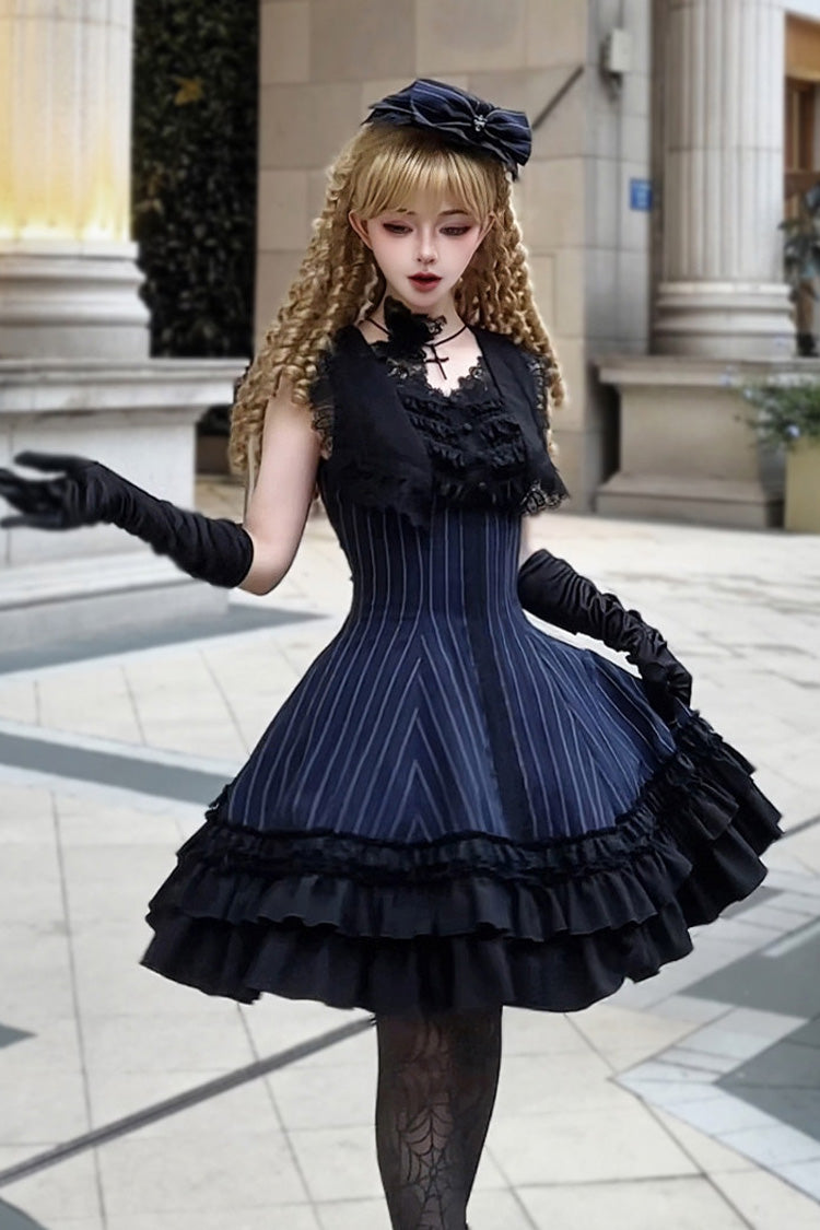 Escape Double-Layered Jacquard Striped Printed Ruffled Slim Gothic Lolita Jumper Dress 3 Colors