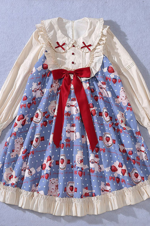Round Collar High Waist Strawberry Milk Jar Printed Sweet Lolita OP Dress