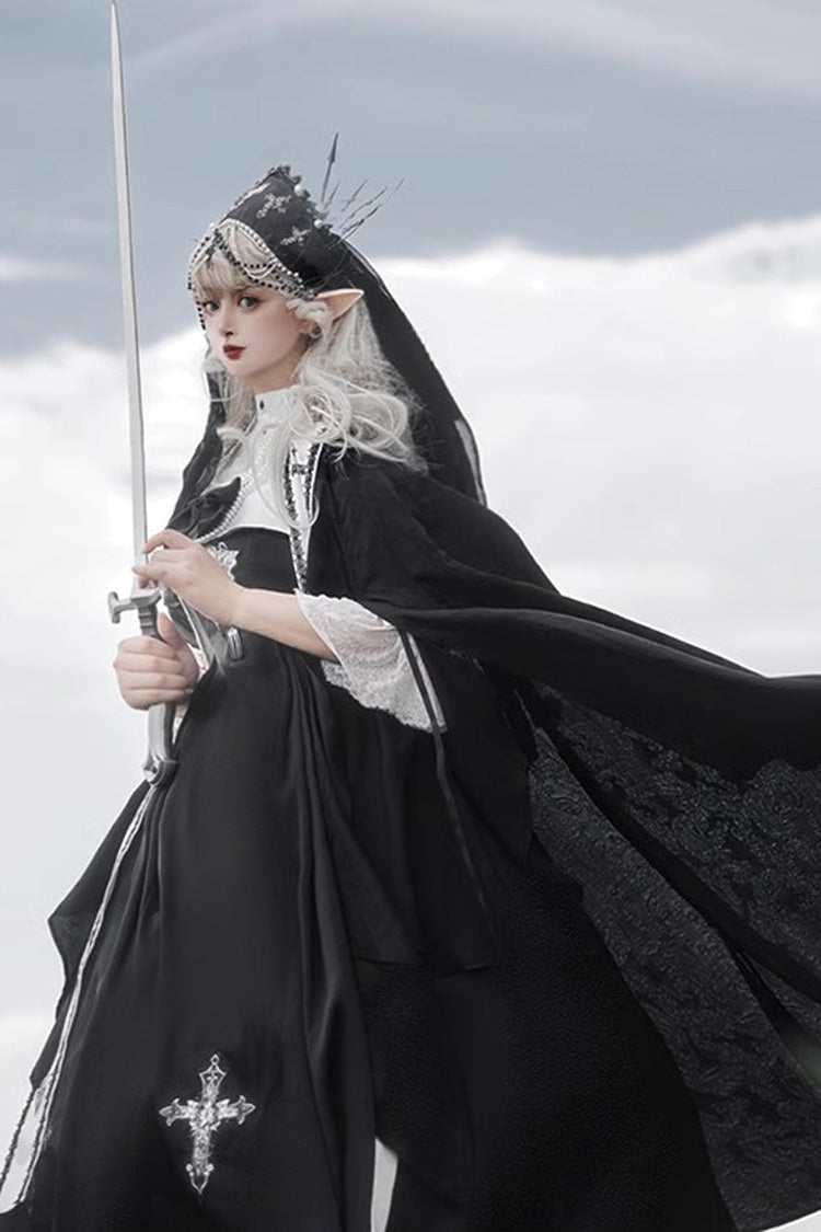 Black Cross Nun Stand Collar Off Shoulder Print Bowknot Gothic Elegant Lolita Dress