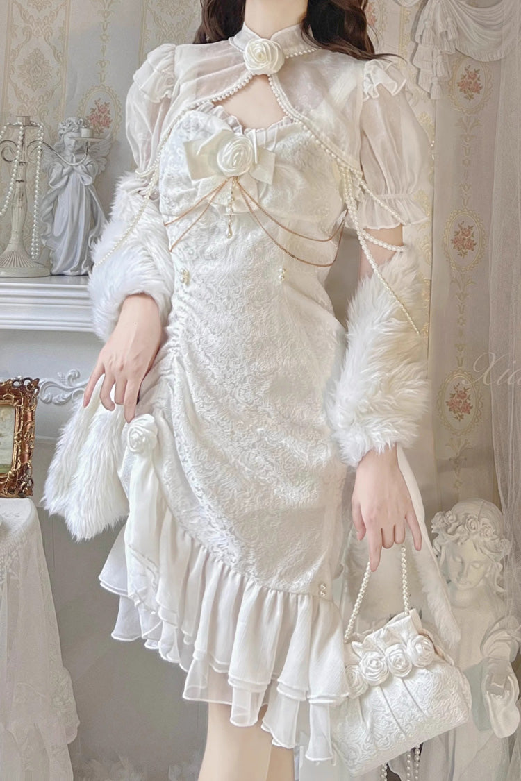 White Camellia 2.0 Sleeveless Jacquard Ruffle Lace Asymmetric Sweet Chinese Style Fishtail Lolita Jsk Dress