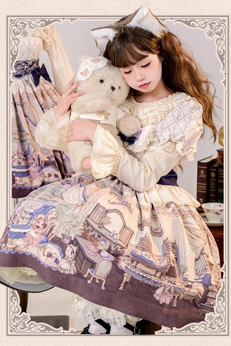 Multi-Color Short Sleeves Cat Manor Print Embroidery Bowknot Sweet Lolita OP Dress