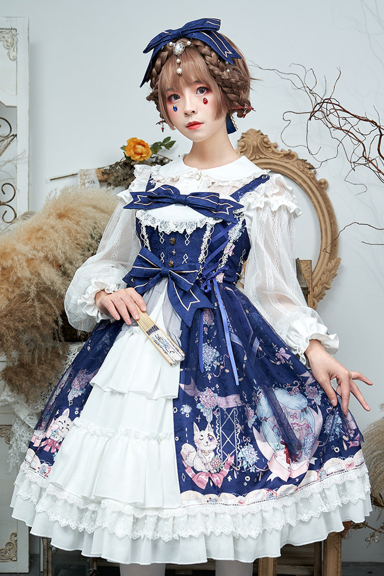 Raccoon Hydrangea Print Stitching Bowknot Ruffled Hanayome Tiered Sweet Lolita JSK Dress