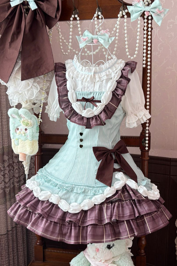 Green/Brown Creamy Thin Chocolate Sleeveless Multi-Layered Printed Ruffled Bow Asymmetric Sweet Lolita Jsk Dress