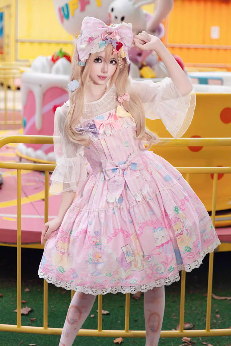 Pink Macaron Dolly House Sleeveless Print Bowknot Sweet Lolita Jsk Dress