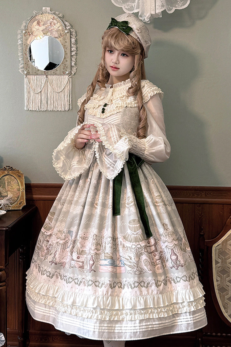 Iris Study V Collar Sleeveless Print Bowknot Lace Sweet Lolita Jumper Dress 2 Colors