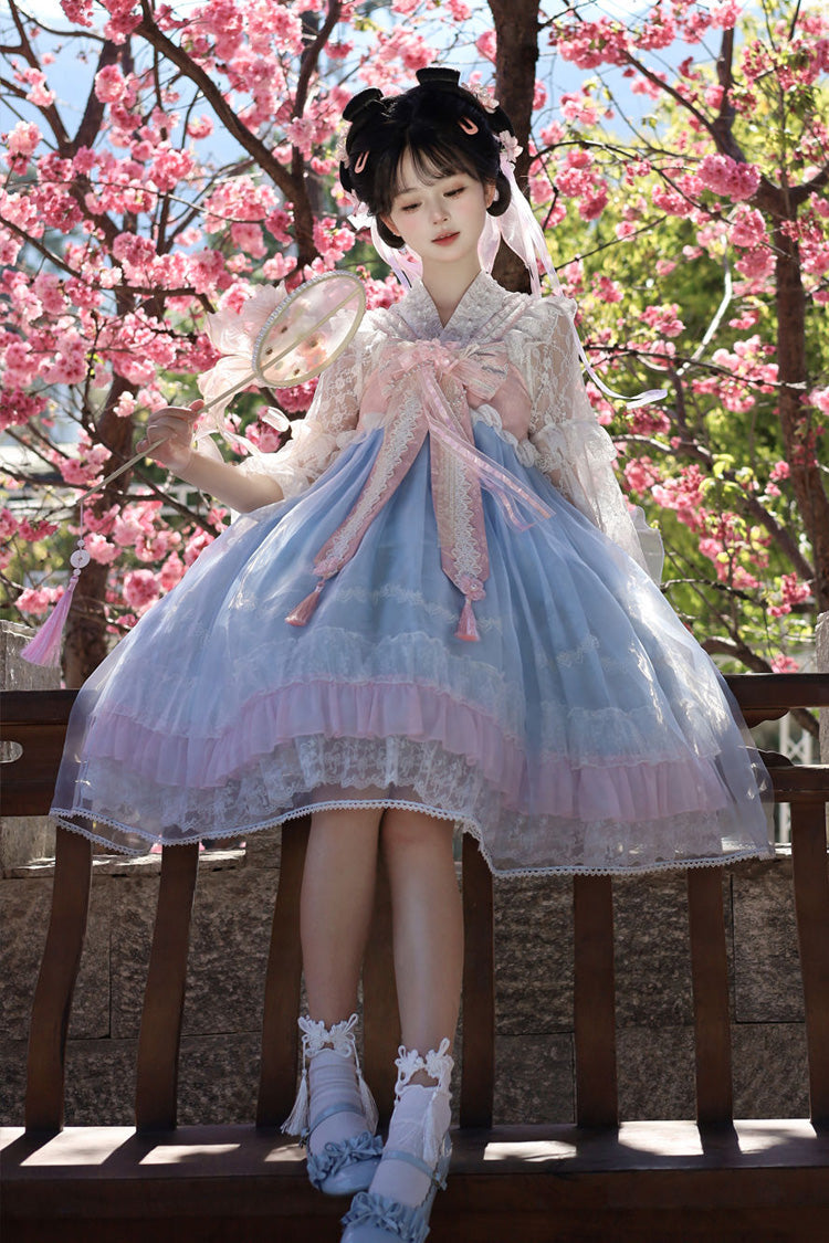 Peach Blossoms in Spring Fields Sleeveless Ruffle Bowknot Lace Sweet Chinese Style Lolita Jsk Dress 3 Colors