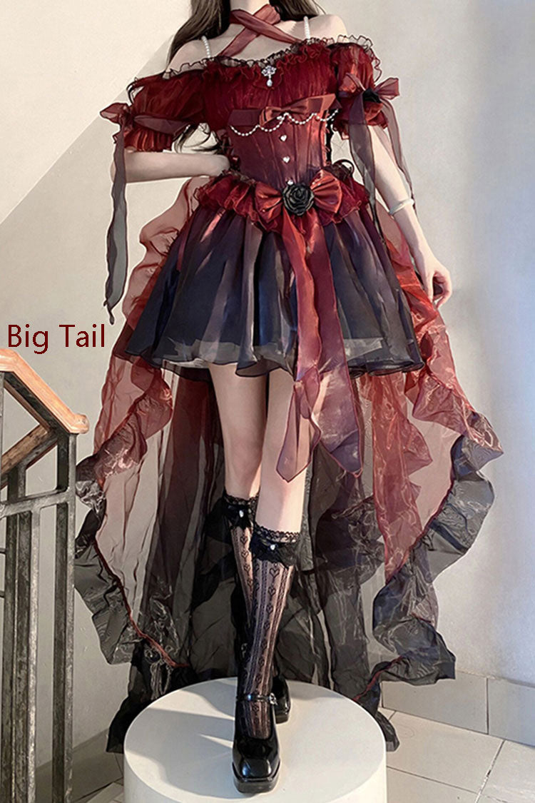 Wine Red Midsummer Dream Short Sleeves Ruffle Hanayome Off-The-Shoulder Gothic Short Lolita Dress