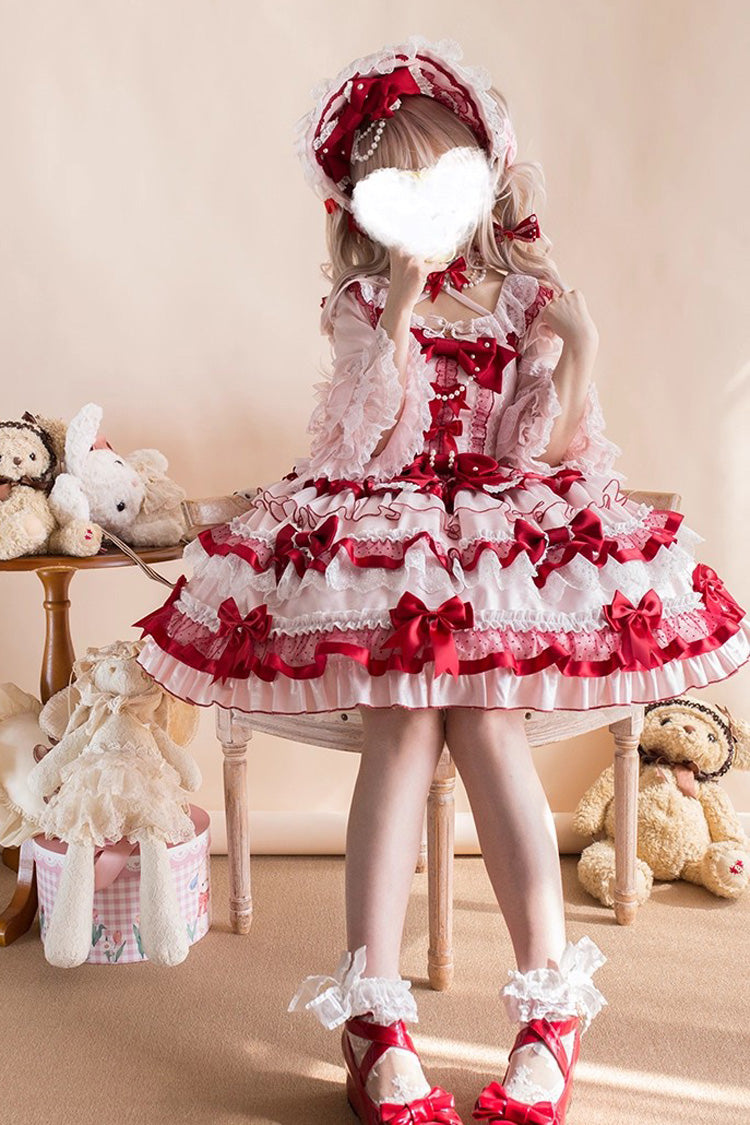 Red Ribbon Berries Sleeveless Multi-Layered Ruffle Bowknot Lace Sweet Lolita Jsk Dress