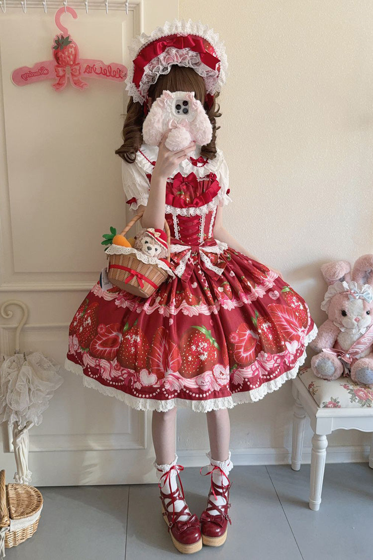Sweet Berry Tale Strawberry Print Ruffle Bowknot Lace Sweet Lolita Jsk Dress 4 Colors