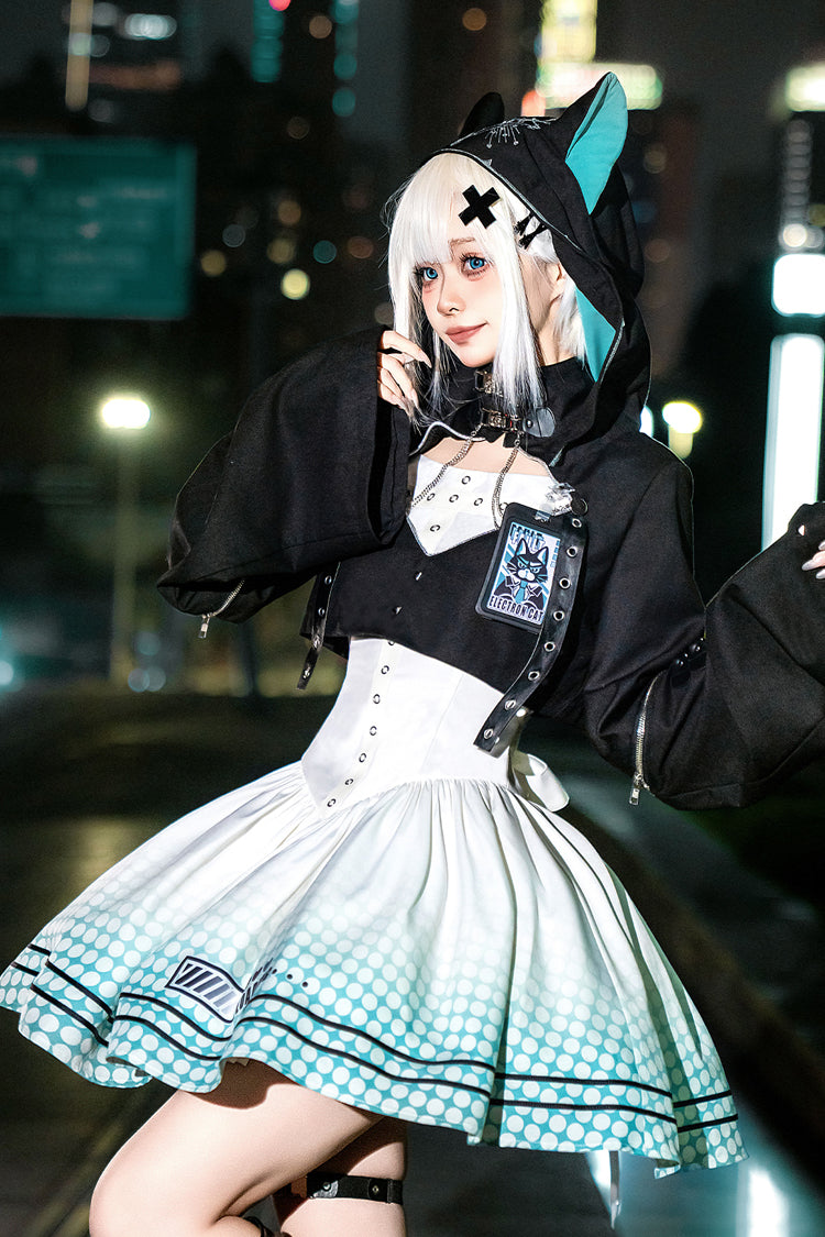 Black/White Electronic Cat Print Future Suit Gothic Cool Lolita Dress