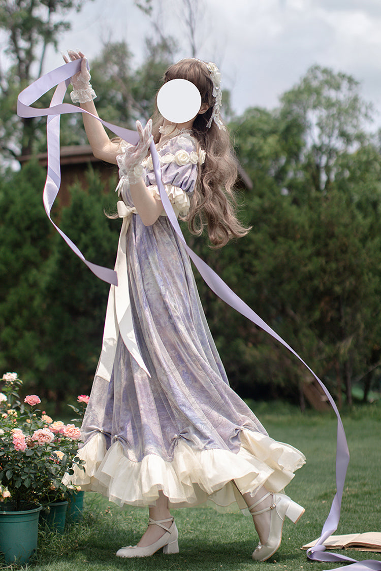 Purple Oil Painting Sun and Moon Poem Short Sleeves Print Ruffle Bowknot Sweet Princess Lolita Dress