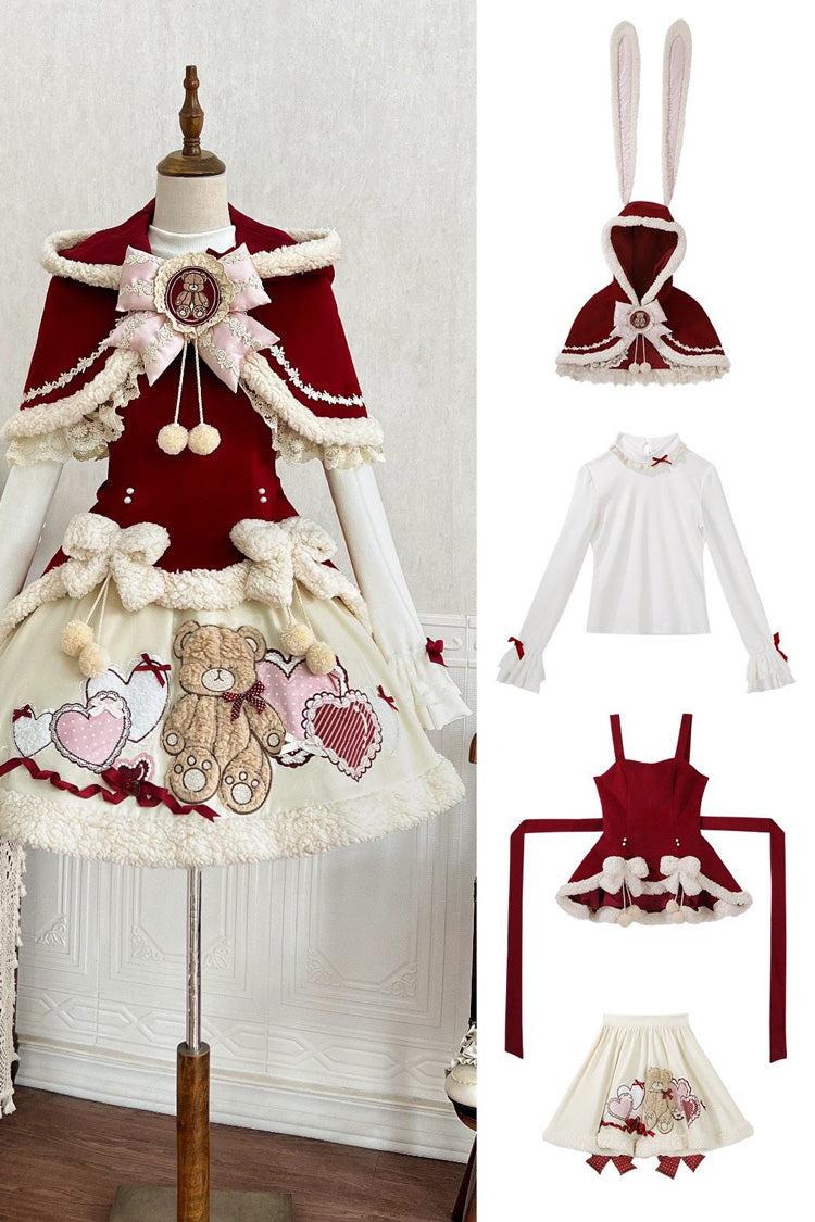 Red/Beige Heart Bear Embroidered Sweet Lolita Jsk Dress Set