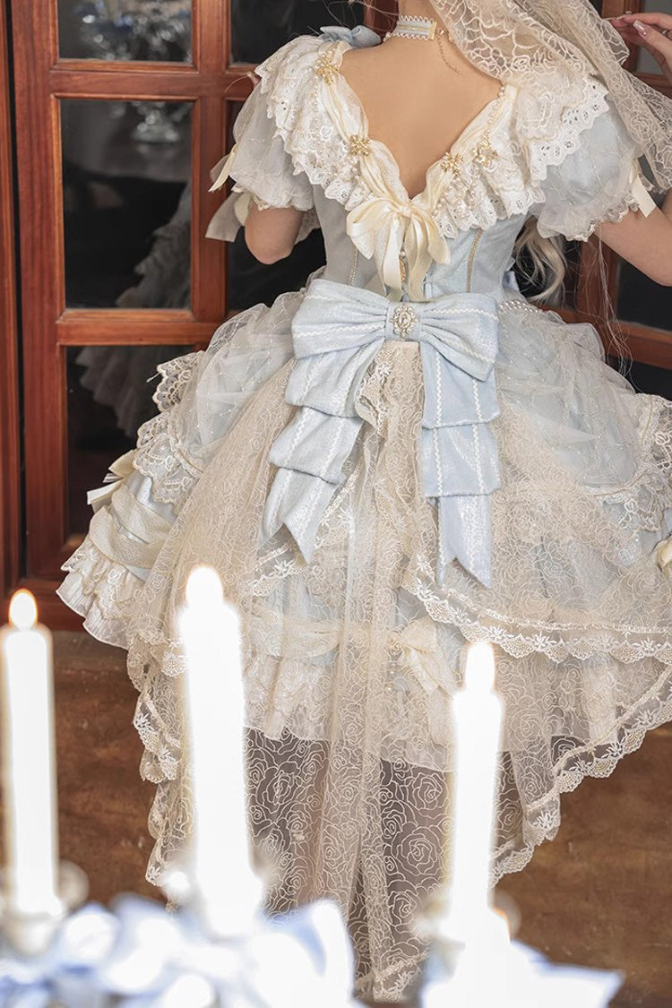 Light Blue Girls' Day Short Sleeves Multi-Layered Ruffle Bowknot Lace Sweet Lolita Dress 2 Versions