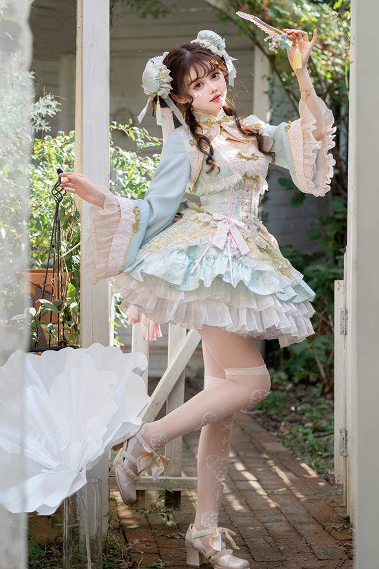 Green White Pear Dream Multi-layer Ruffle Lace Sweet Chinese Style Princess Lolita Jsk Dress