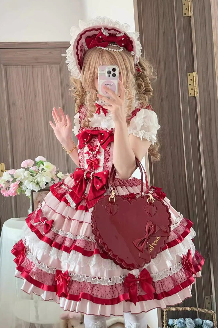 Red Ribbon Berries Sleeveless Multi-Layered Ruffle Bowknot Lace Sweet Lolita Jsk Dress