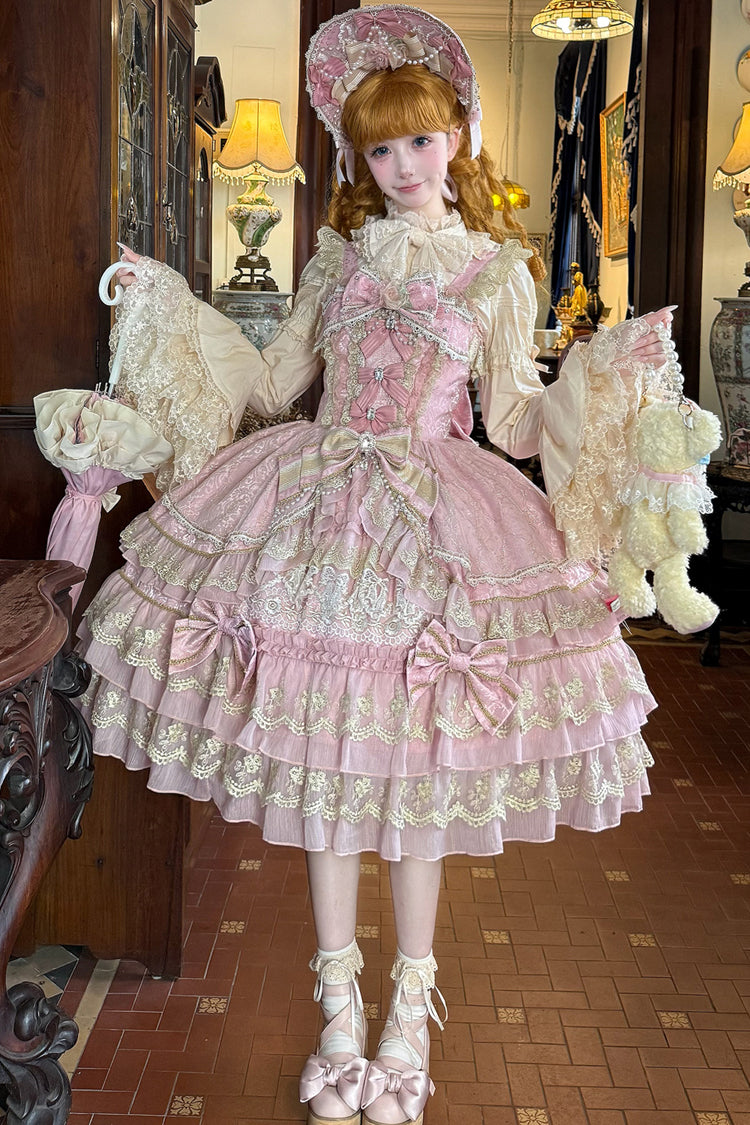 Pink Crown of Gems Triple-Layered Ruffle Bowknot Lace Sweet Gorgeous Lolita Jsk Dress