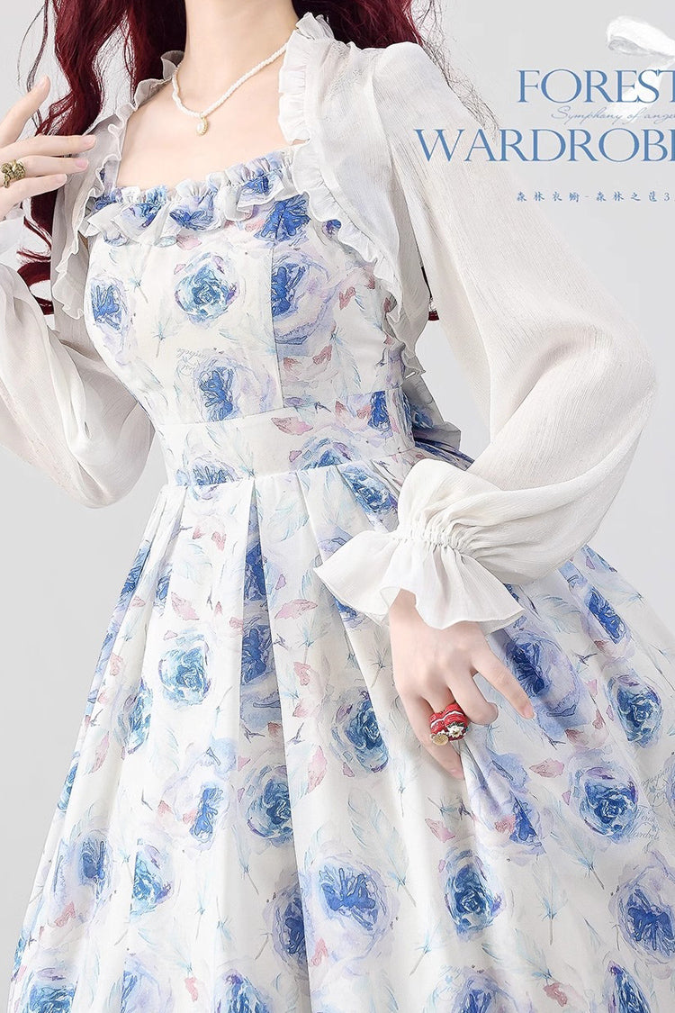 Blue/White Rose Print Forest Basket Bowknot Sweet Elegant Lolita Jsk Dress