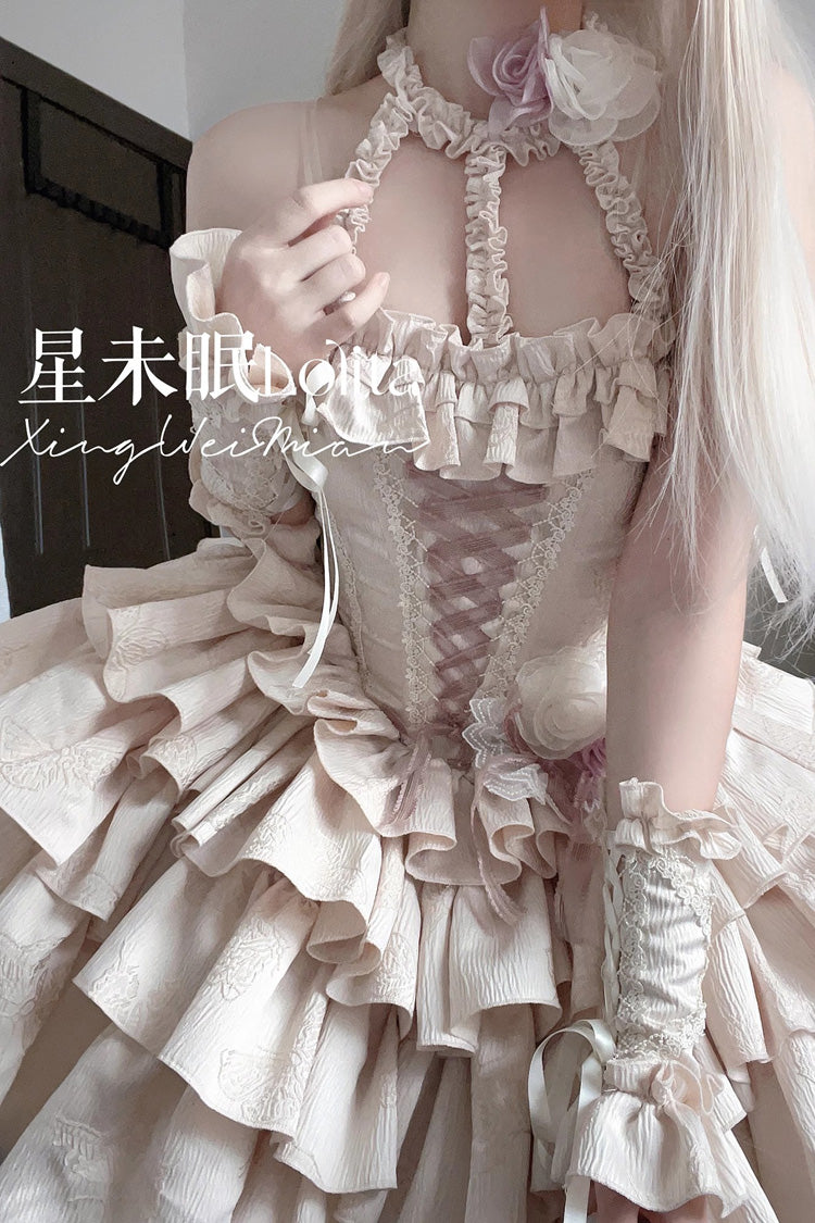 Sunset Venus Halterneck Sleeveless Multi-Layered Ruffle Bowknot Lace Fishbone Sweet Lolita Dress 2 Colors