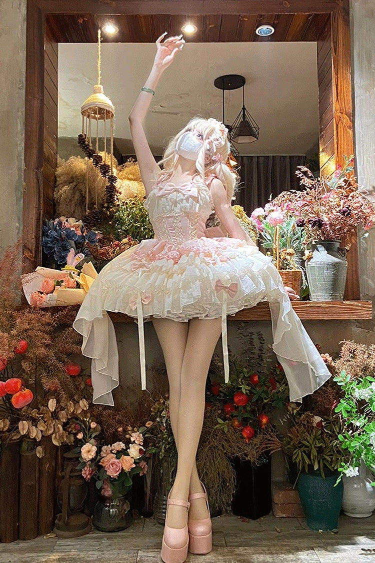 Pink Dance of Time Sleeveless Multi-Layered Ruffle Bowknot Lace Sweet Ballet Lolita Jsk Dress