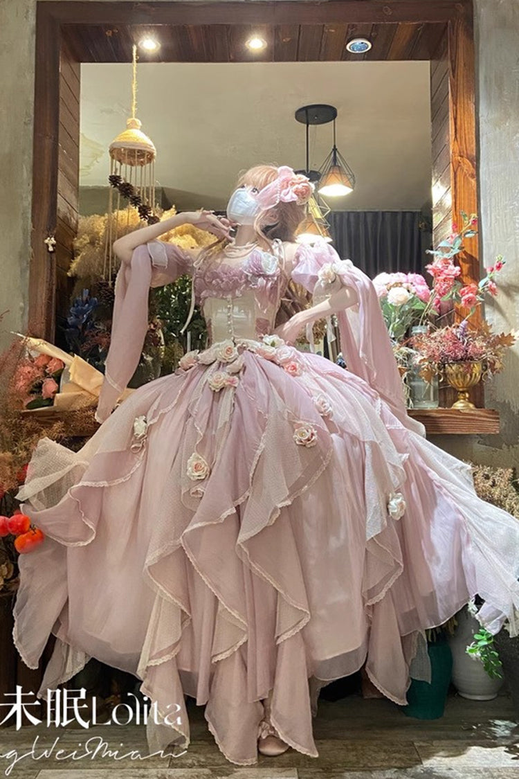 Praise of the Flower Goddess Off Shoulder Ruffle Hanayome Bowknot Lace Fishbone Sweet Lolita Jsk Dress 2 Colors