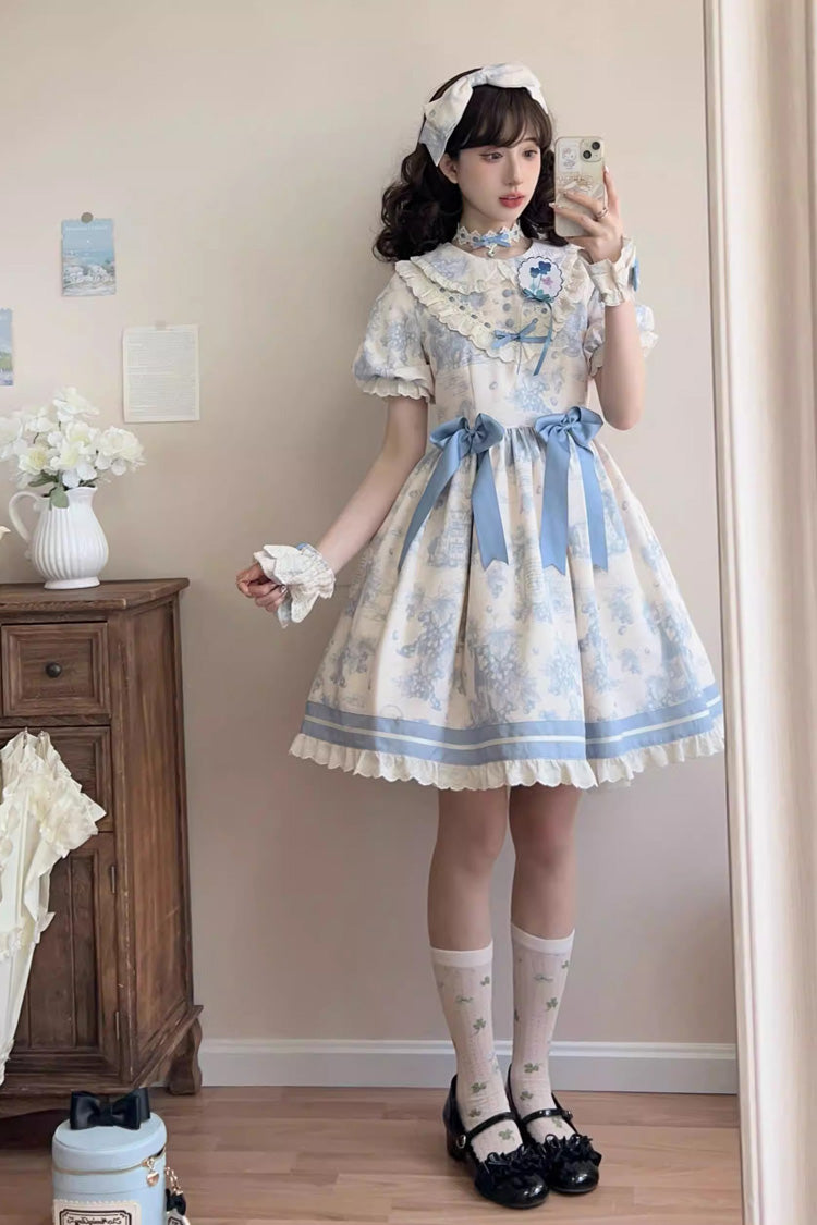 Blue Grape Moon Almanac Short Sleeves Multi-Layered Printed Ruffled Bow Sweet Lolita Dress