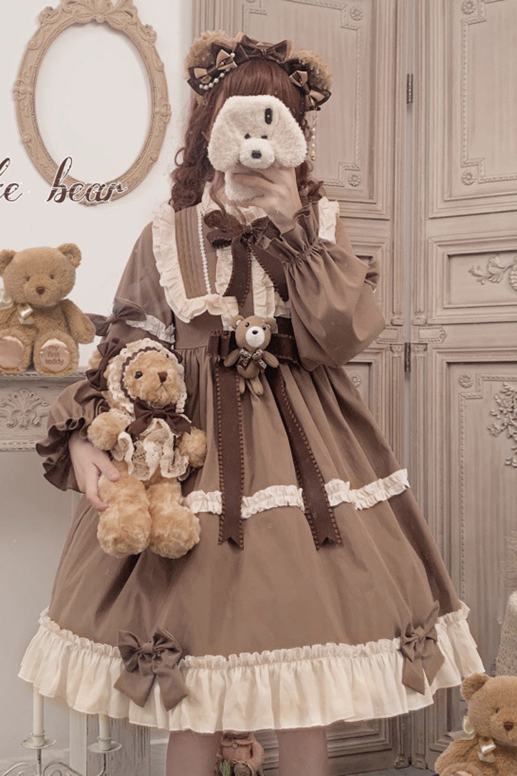 Brown Caramel Teddy Bear Round Collar Long Sleeve Stitching Bowknot Ruffled Sweet Lolita OP Dress