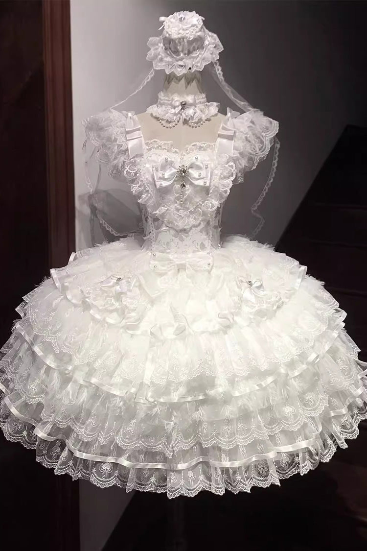 White Ballad of Feathers Sleeveless Multi-Layered Ruffle Hanayome Bowknot Sweet Lolita Jsk Dress