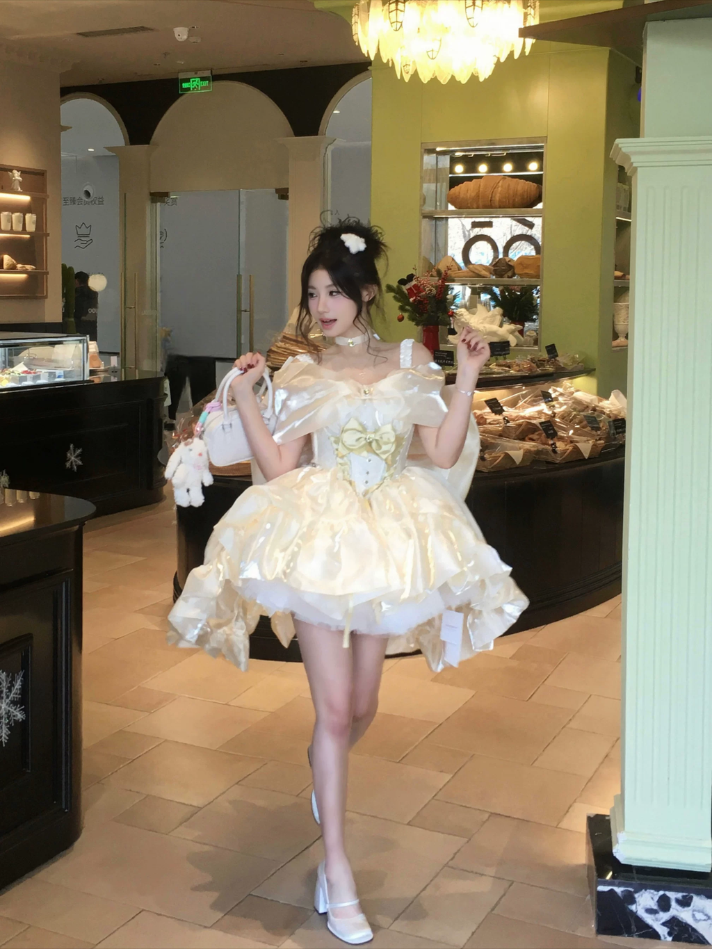 Champagne Beige Corset Layered Ruffled High-Low Large Bow Sweet Princess Lolita JSK Dress