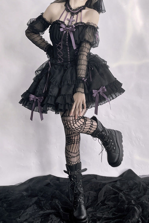 Black Purple Tube Top Sleeveless Blowknot Ruffled Gothic Lolita Tiered Dress