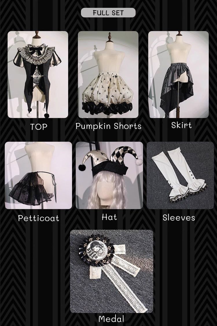Black Weird Toy Box Circus Clown Halloween Print Ruffle Embroidery Asymmetric Gothic Ouji Lolita Full Set