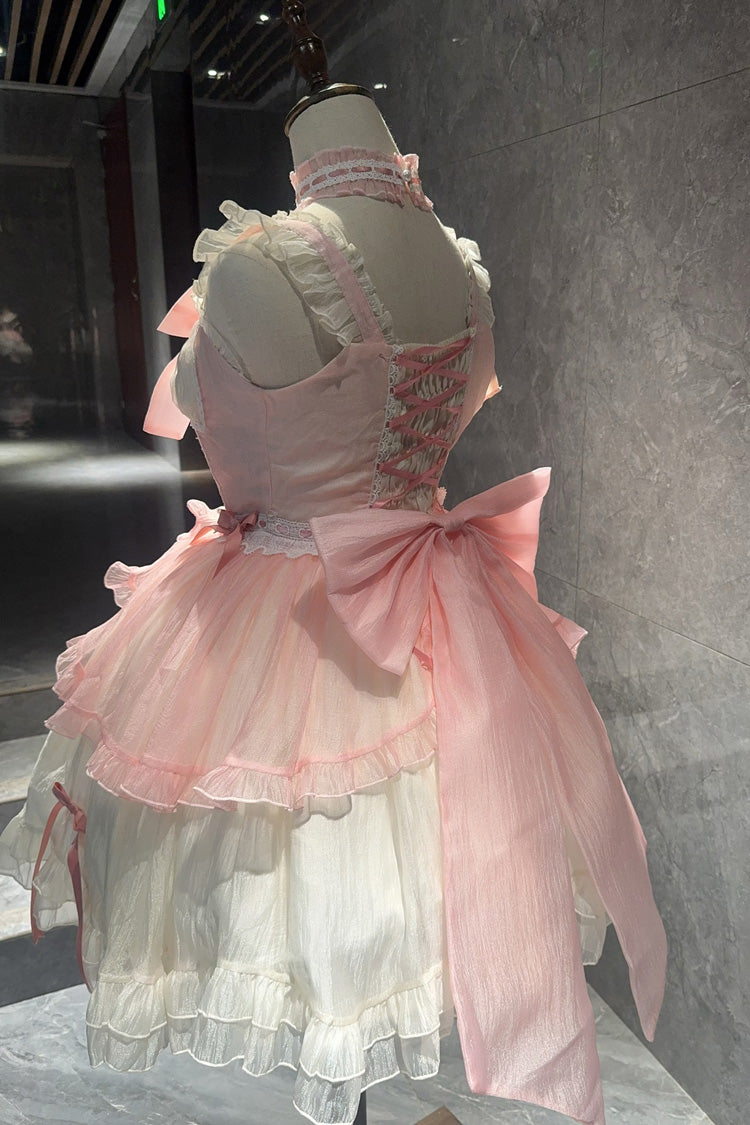 White/Pink Sweet Sakura Bow Sleeveless Double-Layered Ruffled Bow Sweet Princess Lolita Jsk Dress