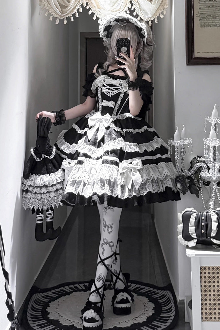 Black/White Super Cute Belia Sleeveless Triple-Layered Ruffle Bowknot Lace Gothic Elegant Lolita Jsk Dress
