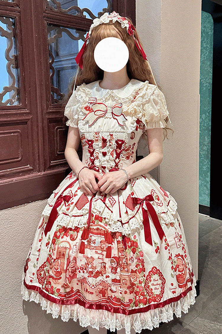 Ivory/Red Strawberry Bear Sleeveless Print Ruffle Embroidery Bowknot Lace Sweet Lolita Jsk Dress